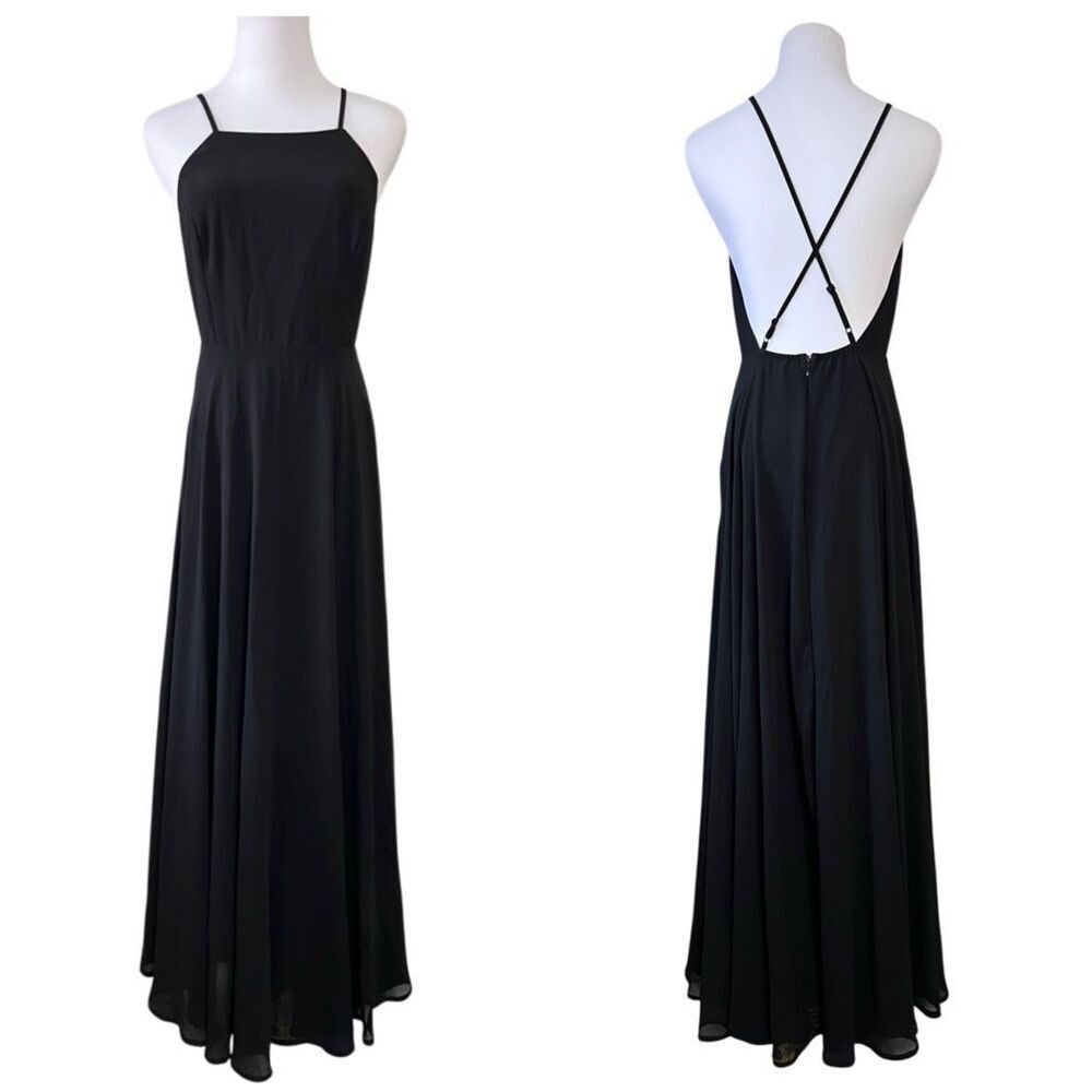 Lulu's Black Criss Cross Back Chiffon A-line Long Maxi Dress SMALL Pageant Prom